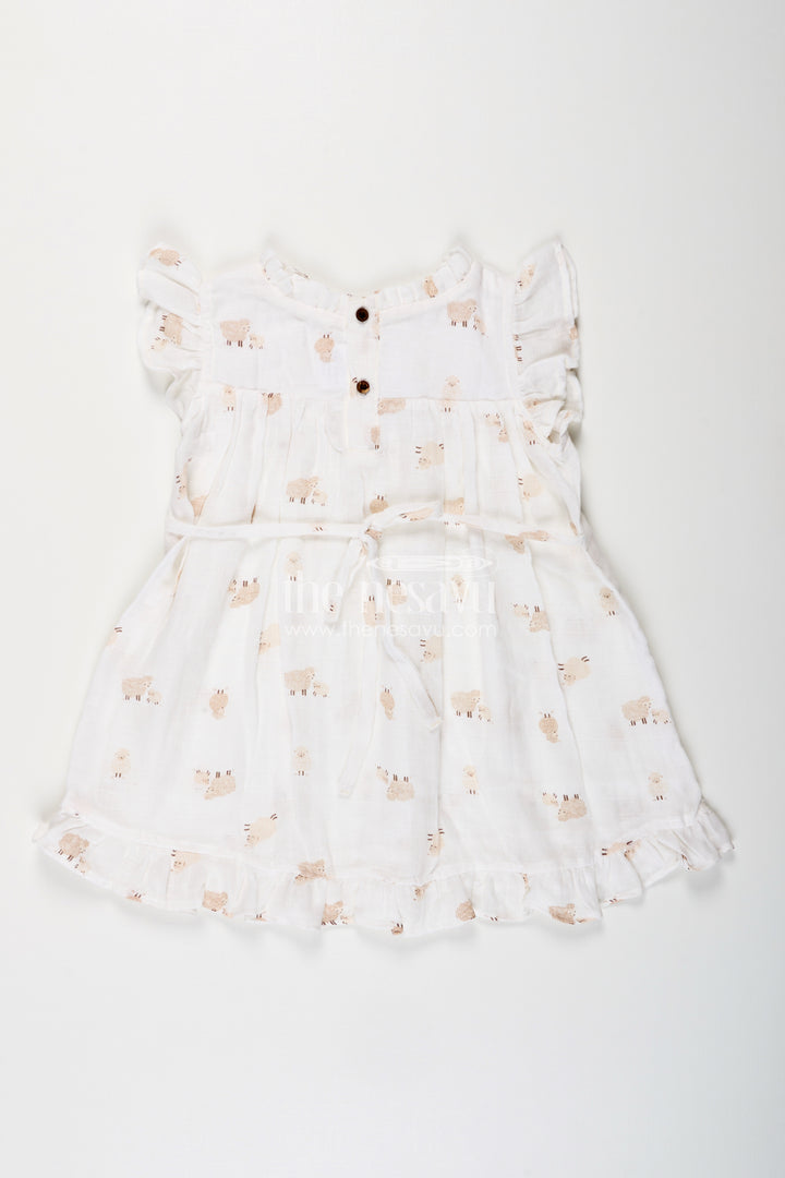 White muslin cotton frock for baby girls with soft sheep print