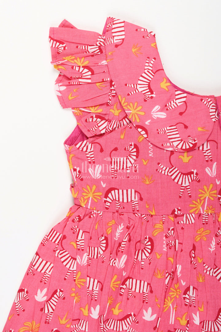 Zebra print cotton frock for toddler girls with ruffled sleeves