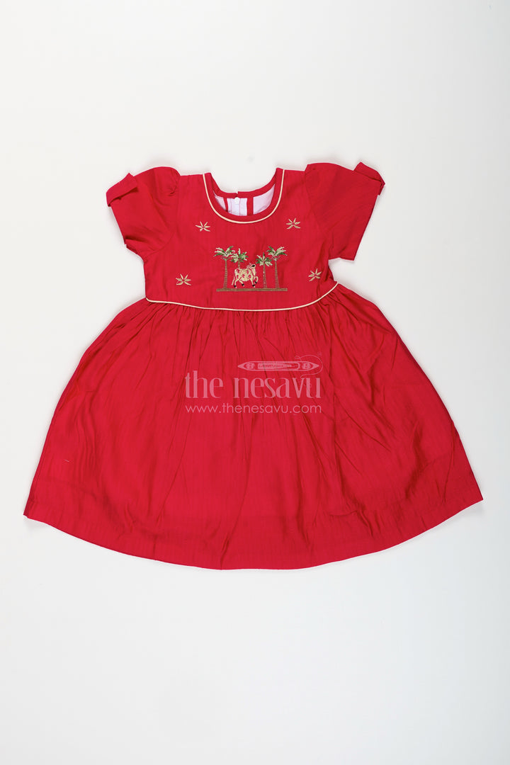 Toddler girl silk blend frock with elephant embroidery for festive wear