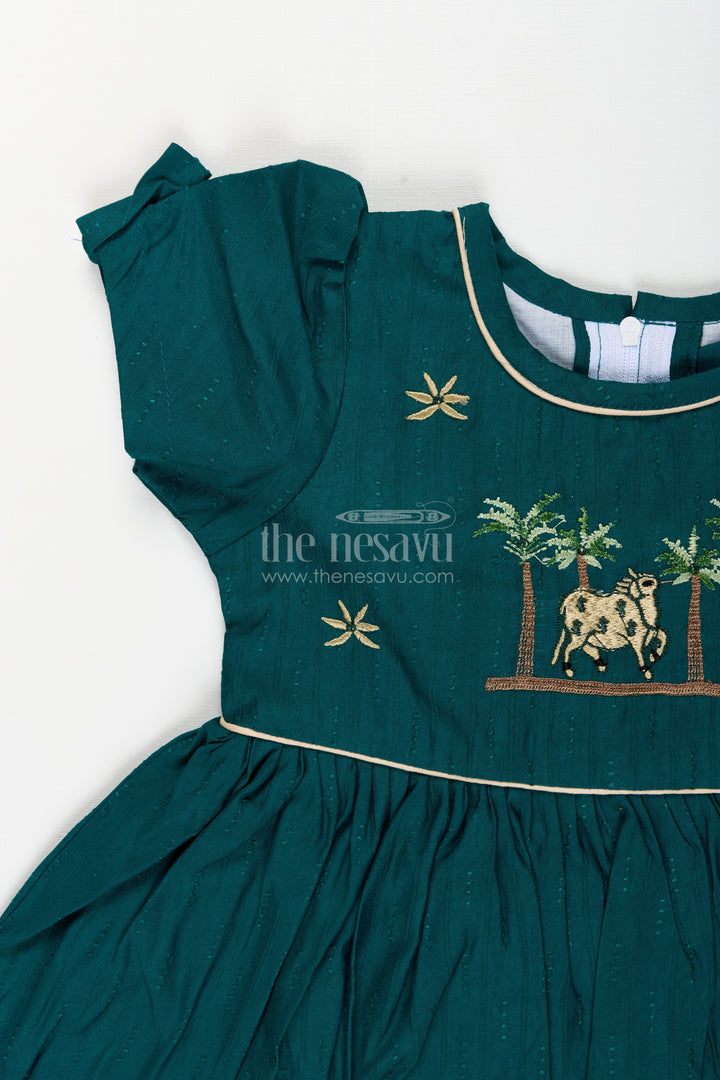 Baby girl silk blend frock in green with traditional embroidery