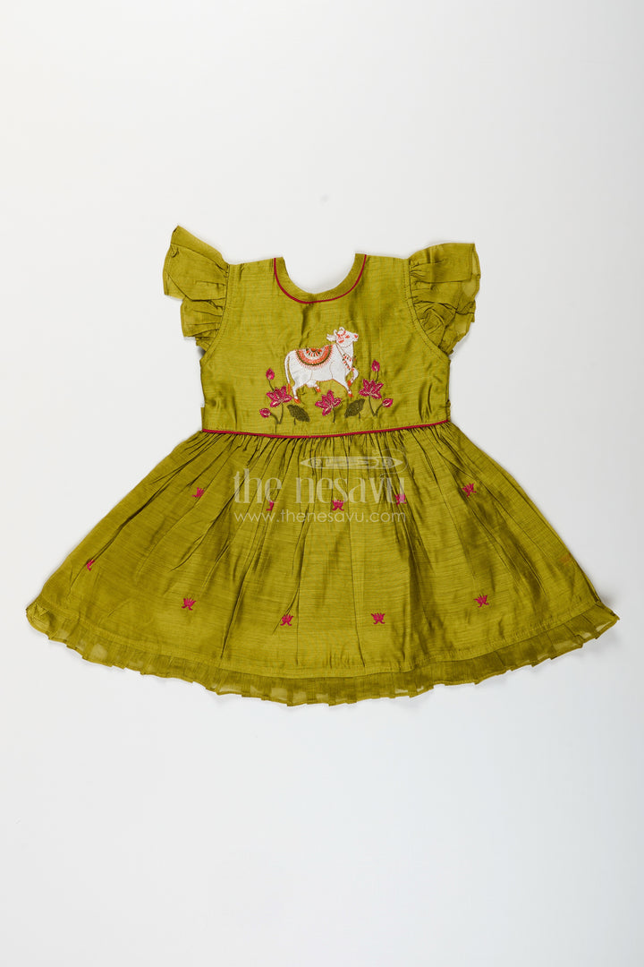 Baby girl Chanderi cotton frock with cow embroidery for festivals