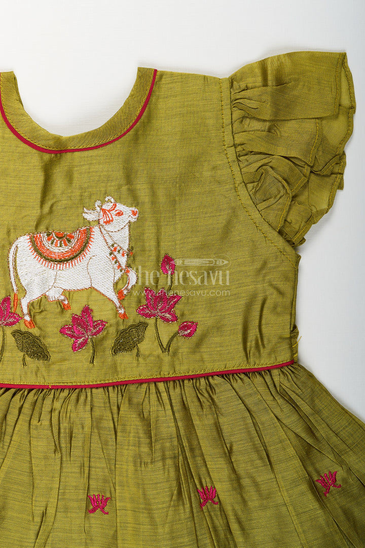 Baby girl Chanderi cotton frock with cow embroidery for festivals