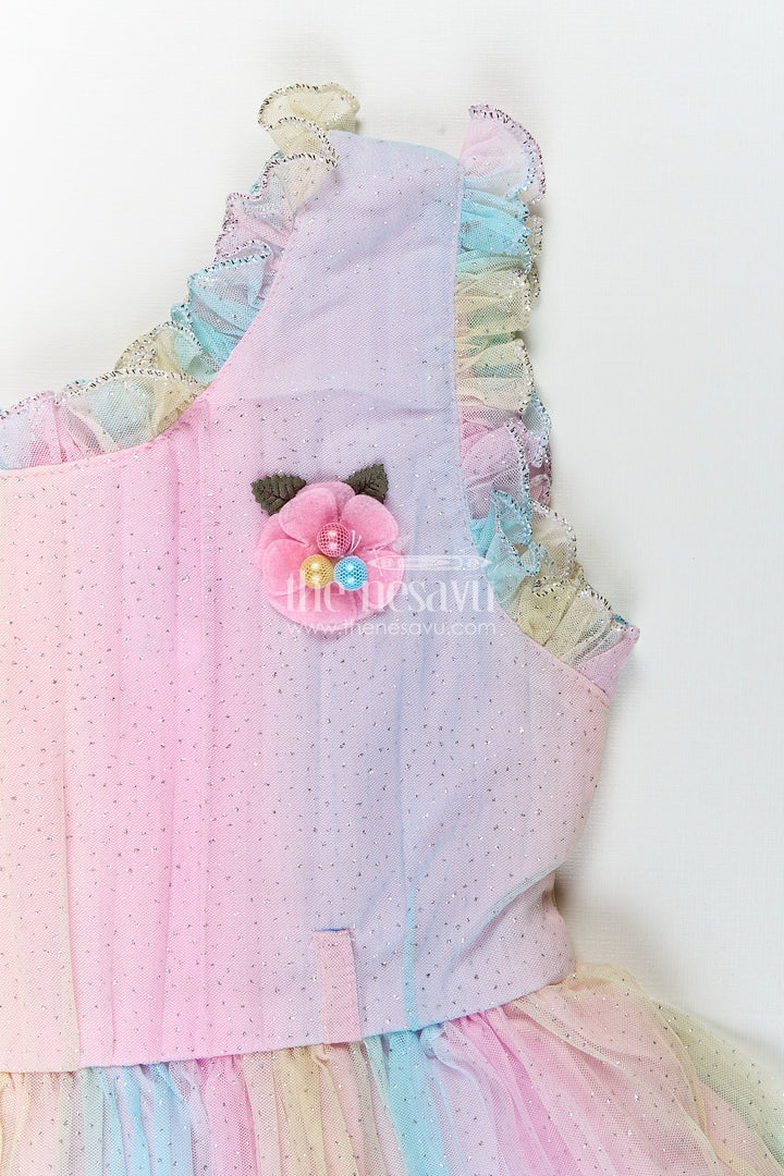 Rainbow pastel girls net frock with shimmer and flower brooch