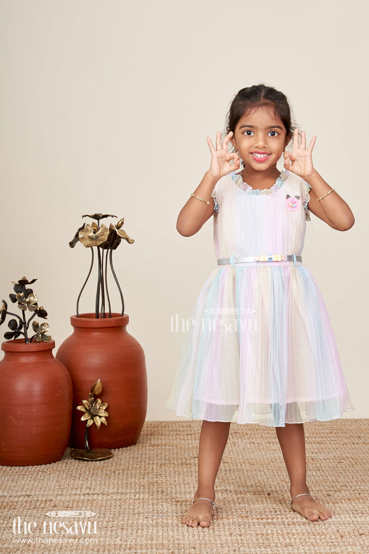 Rainbow pastel girls net frock with shimmer and flower brooch
