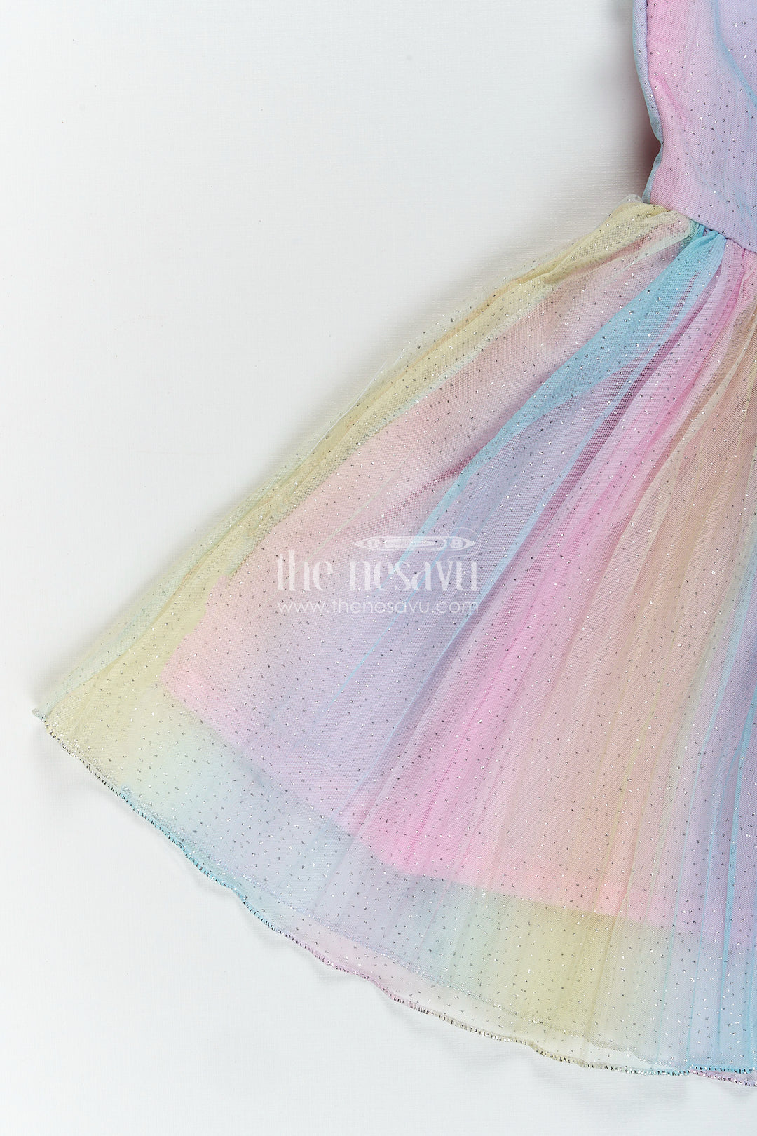 Rainbow pastel girls net frock with shimmer and flower brooch