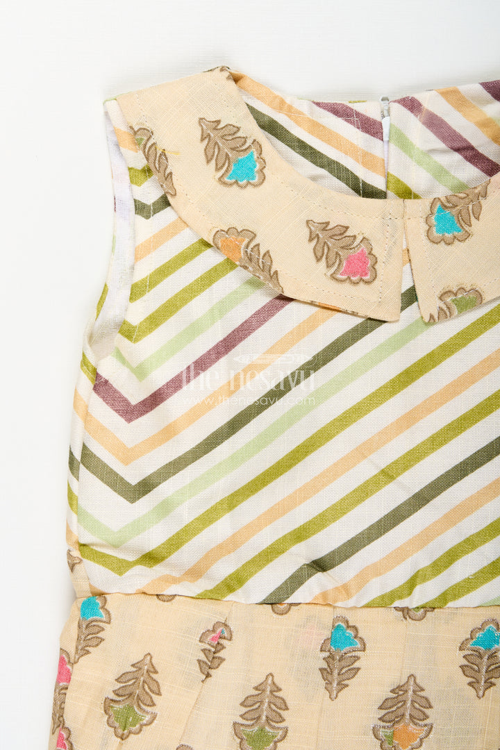 Girls beige cotton frock with earthy-toned floral block print