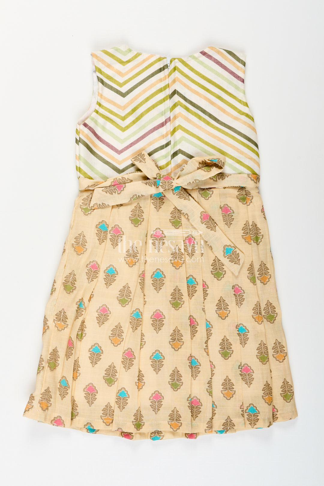 Girls beige cotton frock with earthy-toned floral block print