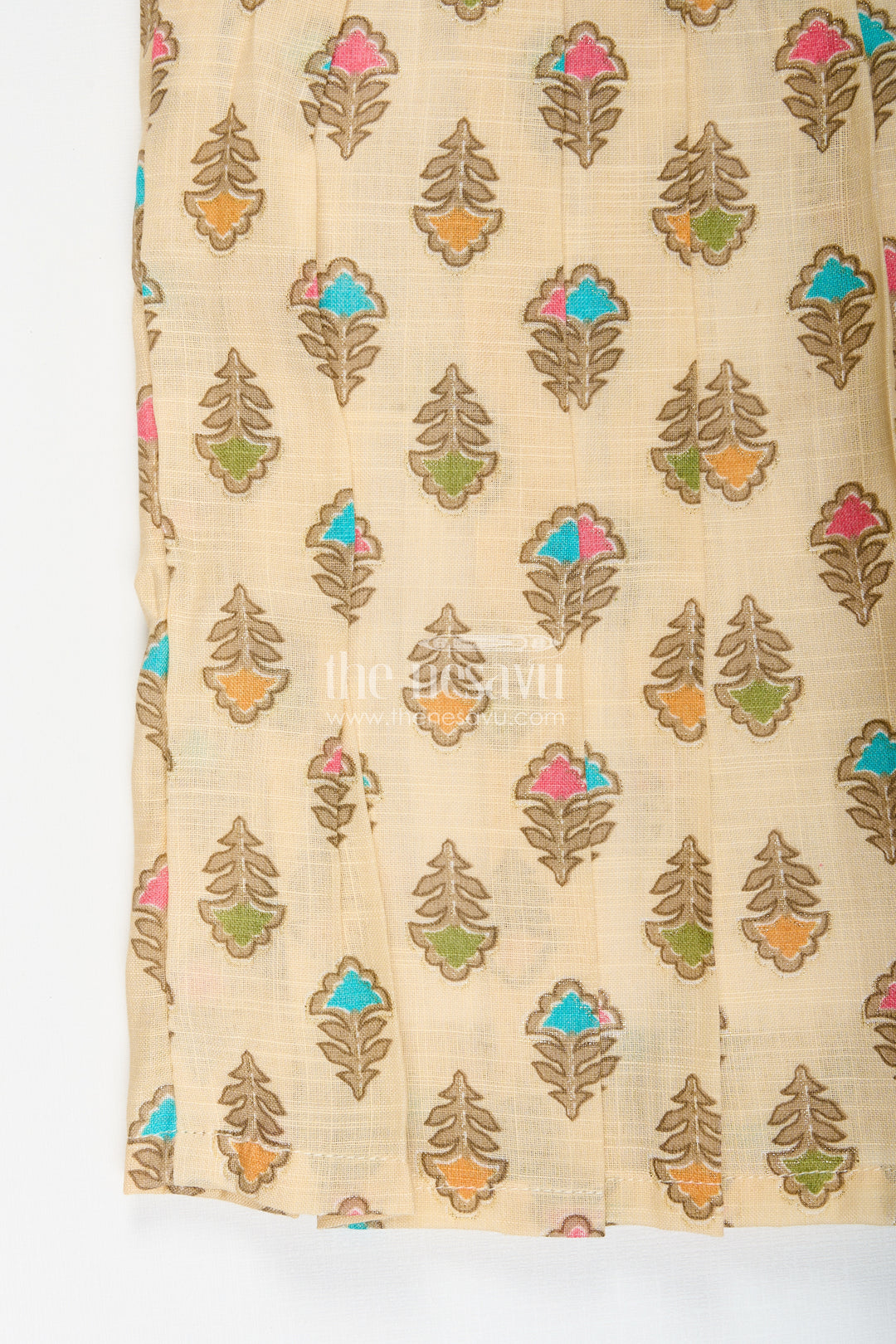 Girls beige cotton frock with earthy-toned floral block print