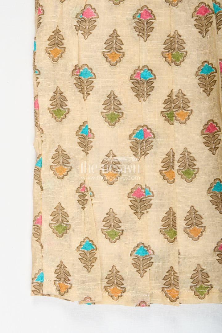 Girls beige cotton frock with earthy-toned floral block print