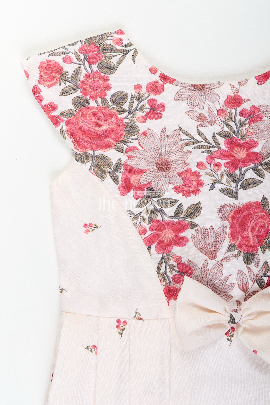 White and red floral girls frock with back bow and cap sleeves