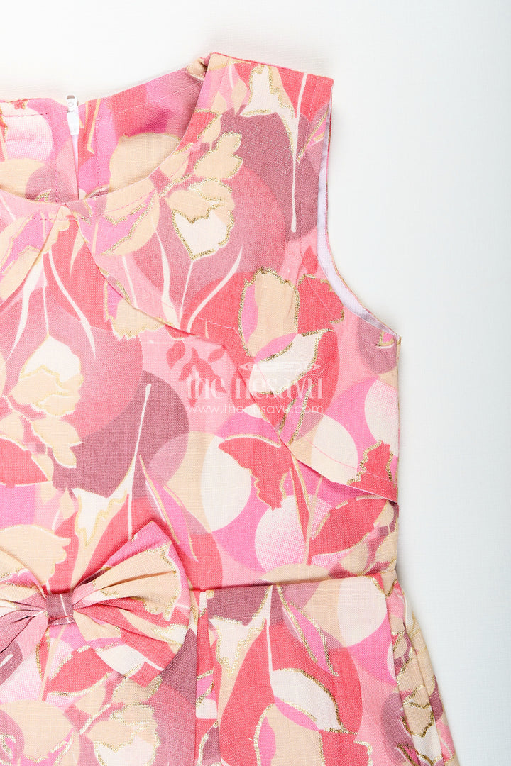 Girls cotton frock with pink and beige abstract floral digital print