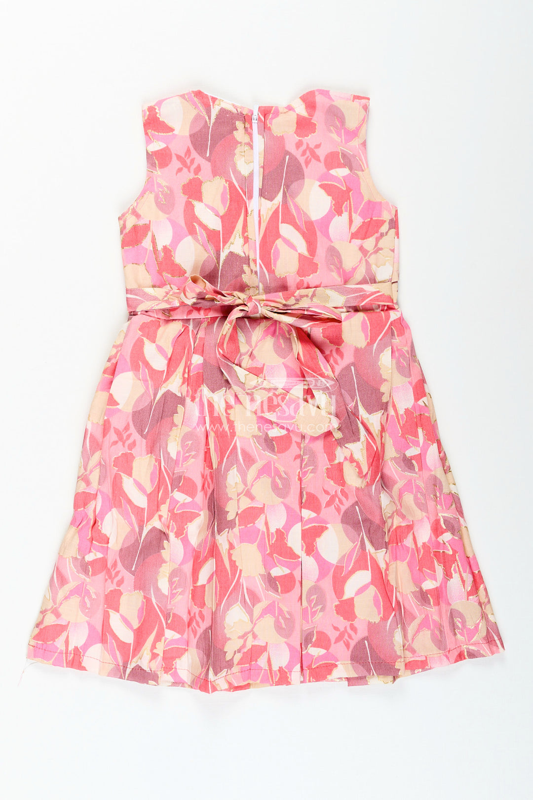 Girls cotton frock with pink and beige abstract floral digital print