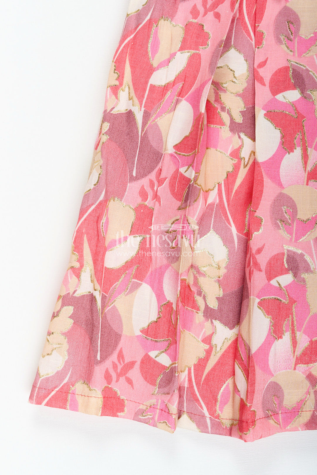 Girls cotton frock with pink and beige abstract floral digital print