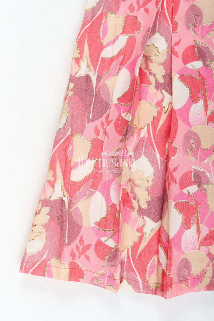 Girls cotton frock with pink and beige abstract floral digital print
