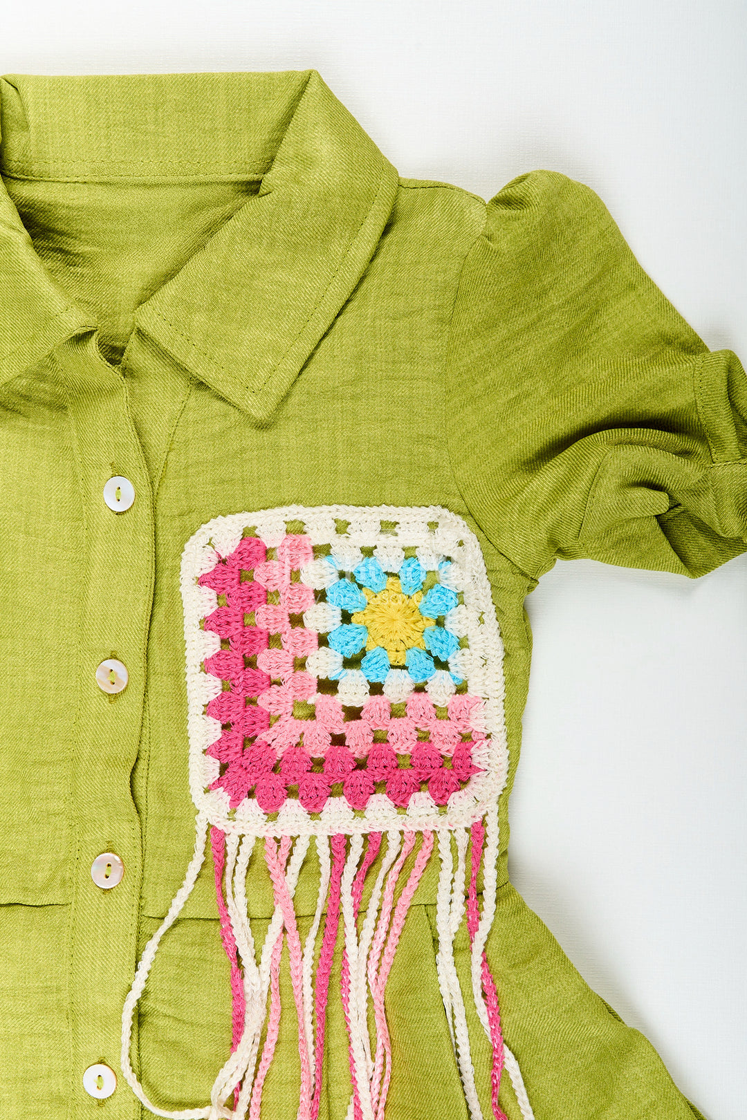 Green girls cotton frock with crochet patch and tie-up sleeves