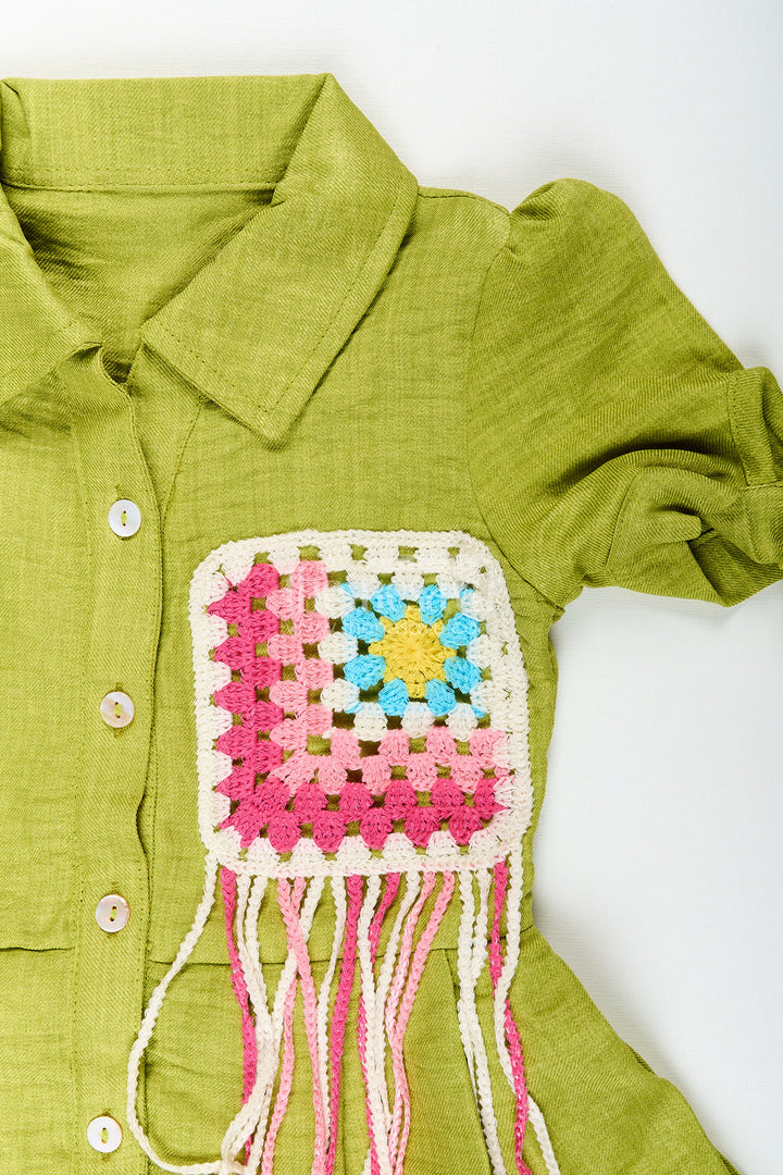 Green girls cotton frock with crochet patch and tie-up sleeves