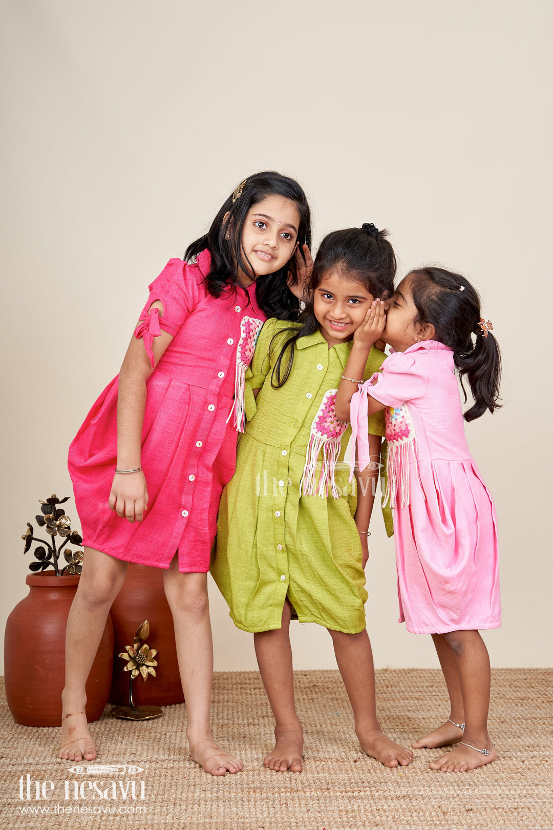 Green girls cotton frock with crochet patch and tie-up sleeves