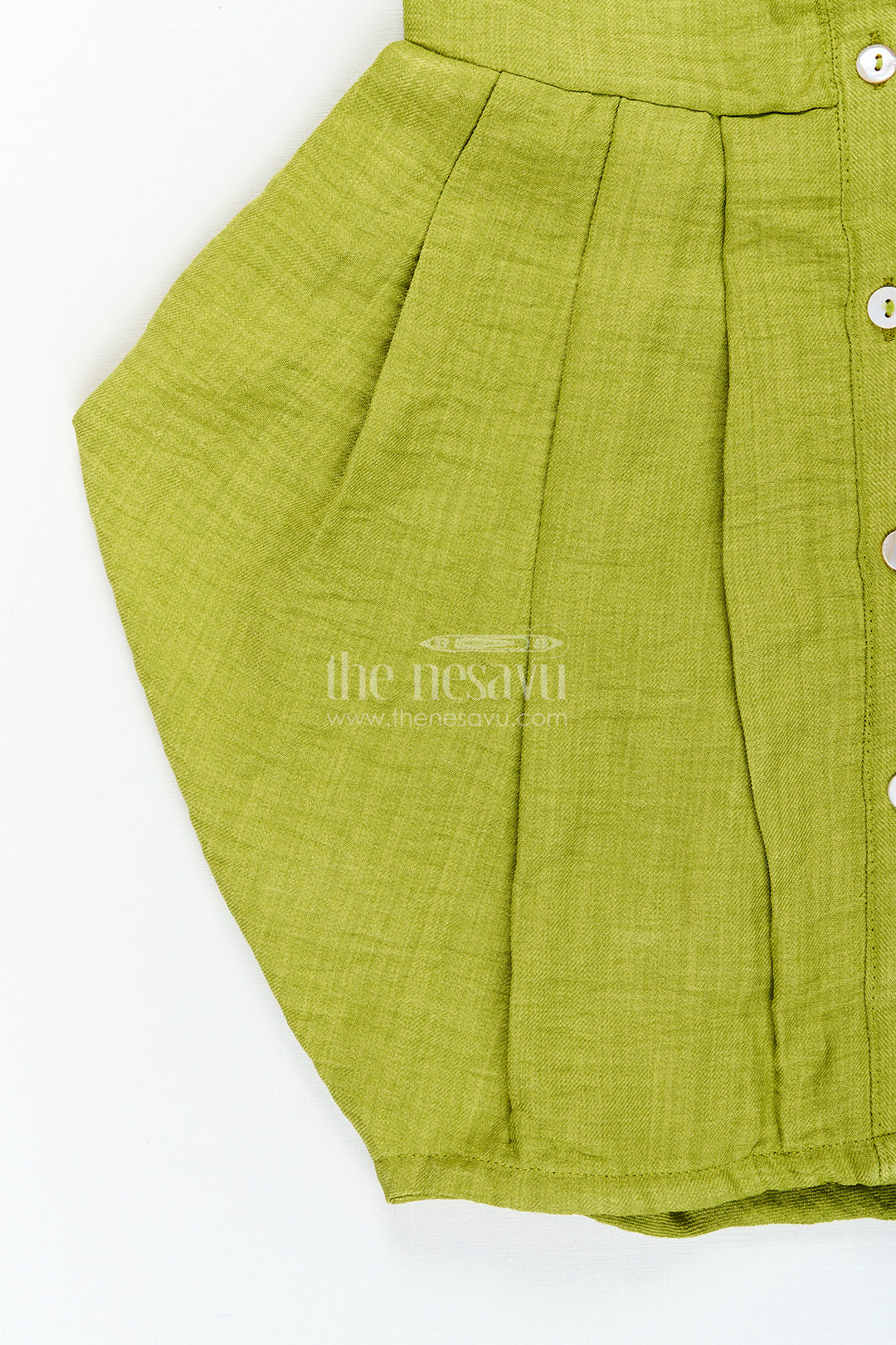 Green girls cotton frock with crochet patch and tie-up sleeves