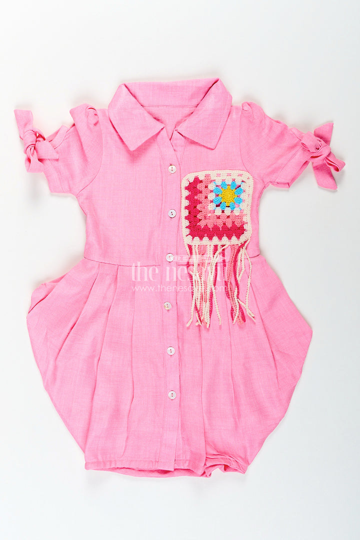 Girls pink cotton frock with crochet patch and shirt collar