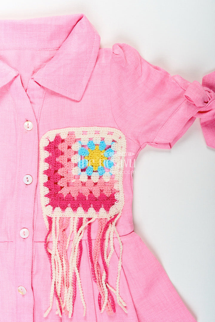 Girls pink cotton frock with crochet patch and shirt collar