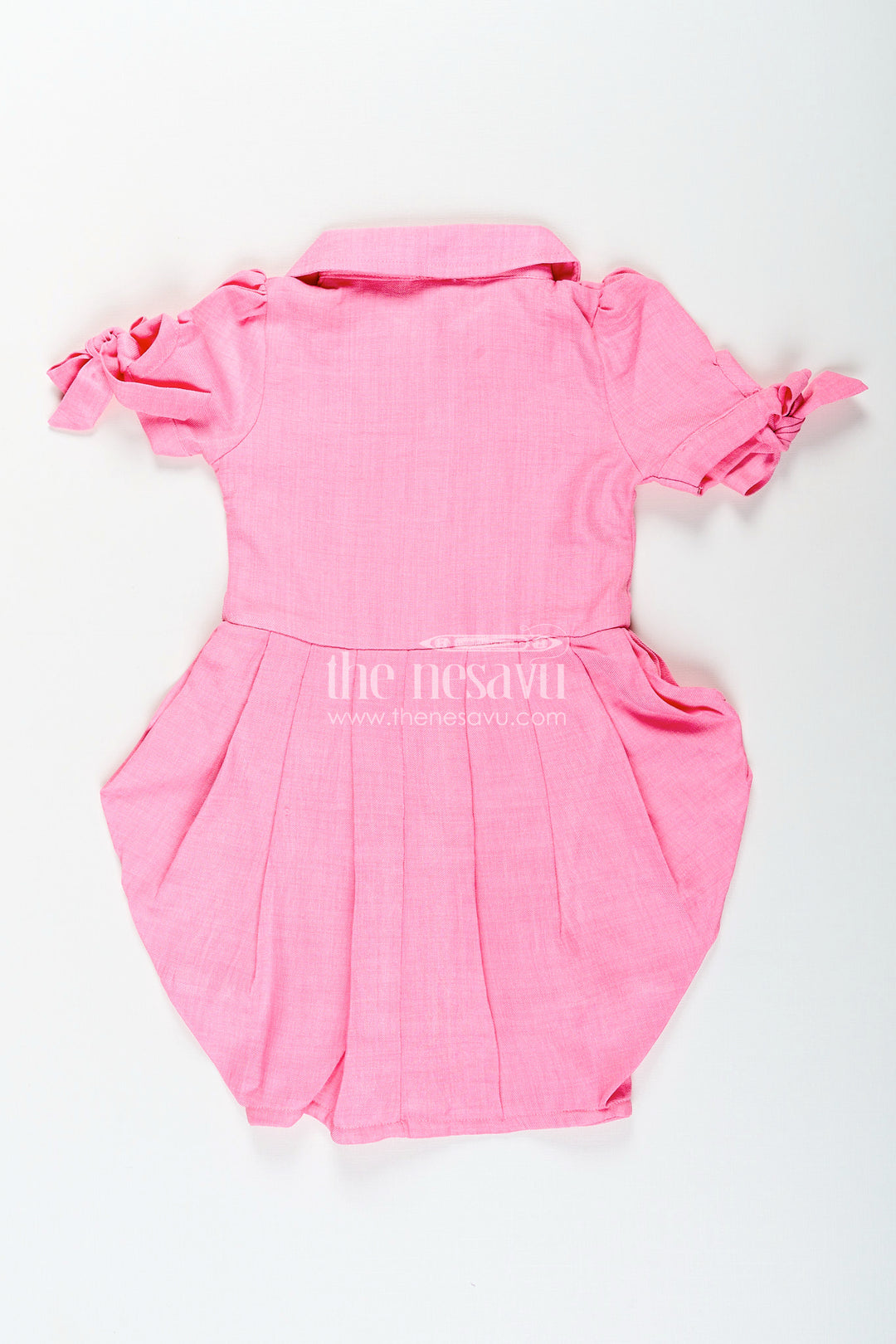 Girls pink cotton frock with crochet patch and shirt collar
