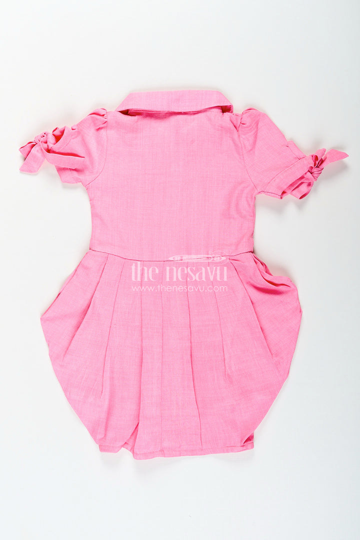 Girls pink cotton frock with crochet patch and shirt collar