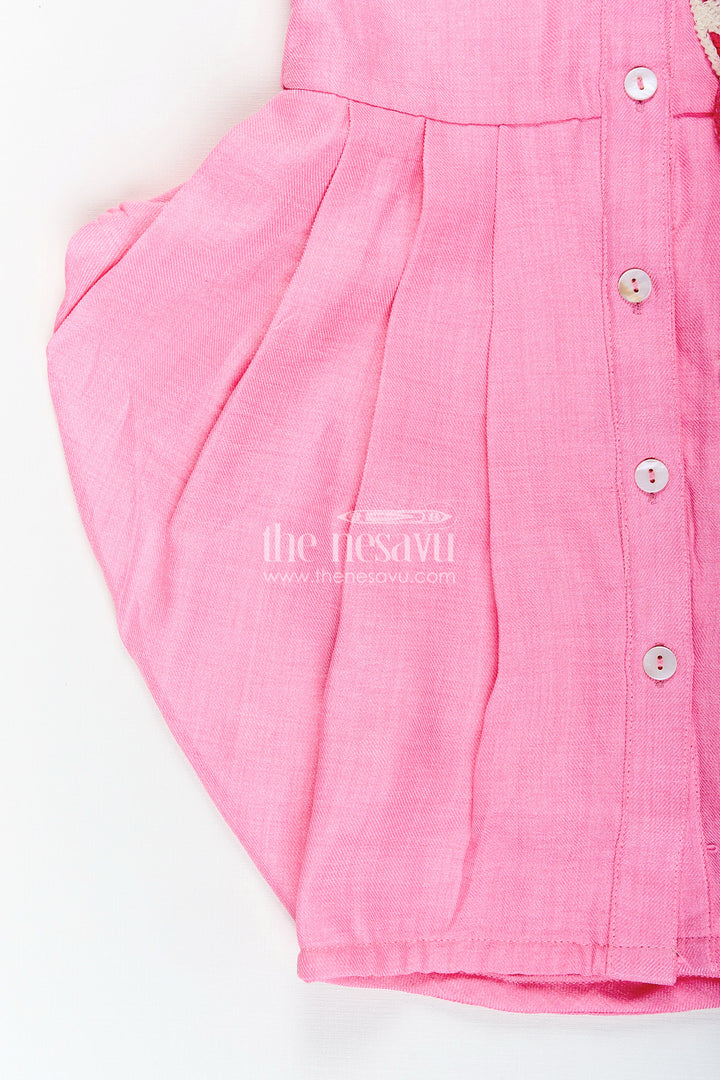 Girls pink cotton frock with crochet patch and shirt collar