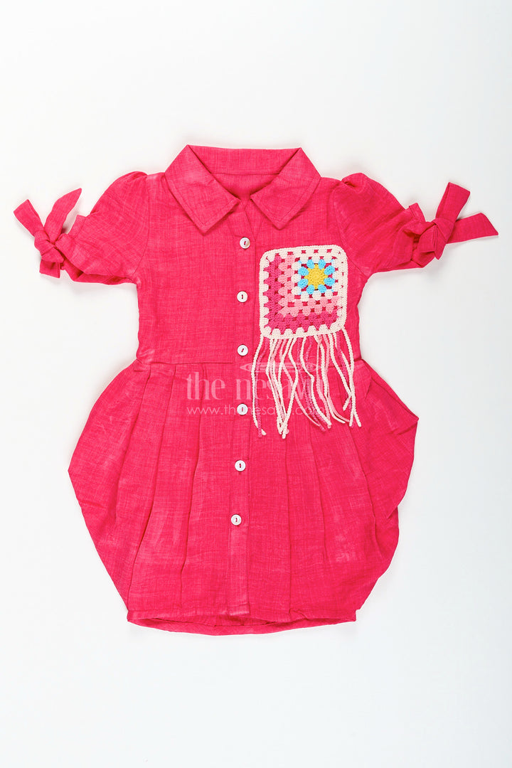 Girls cotton frock with collar and crochet patch for casual outings