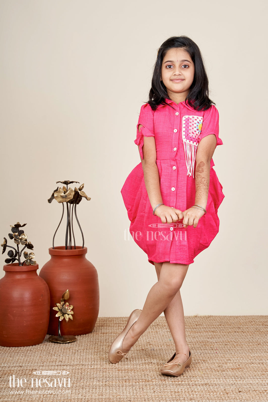 Girls cotton frock with collar and crochet patch for casual outings