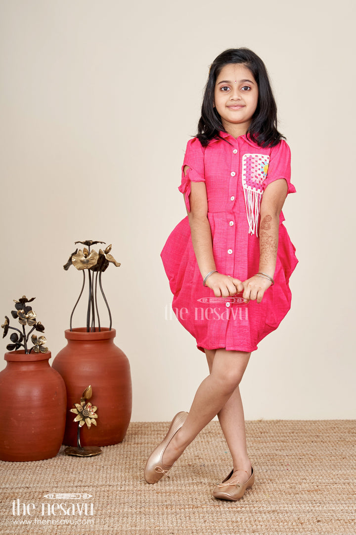 Girls cotton frock with collar and crochet patch for casual outings