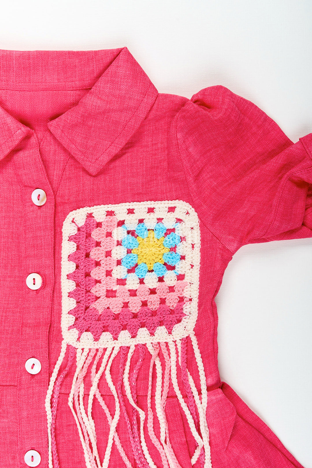 Girls cotton frock with collar and crochet patch for casual outings