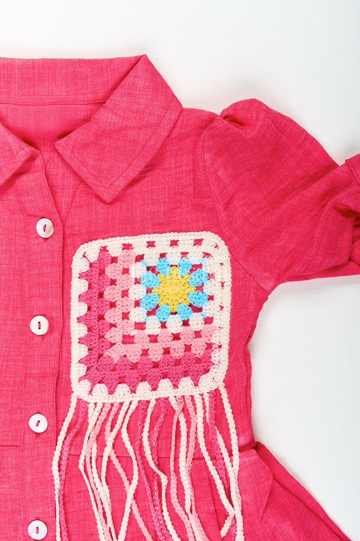 Girls cotton frock with collar and crochet patch for casual outings