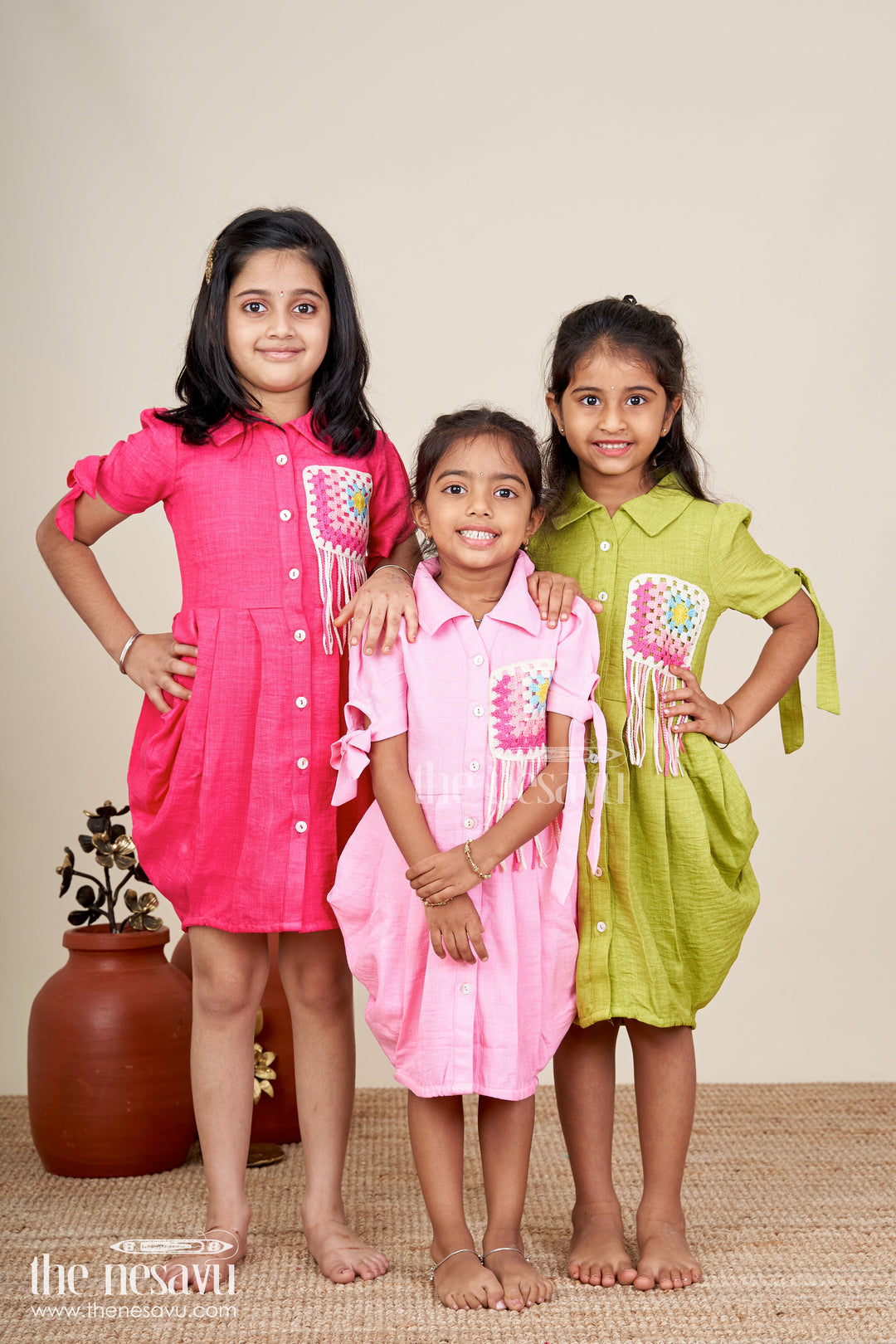 Girls cotton frock with collar and crochet patch for casual outings