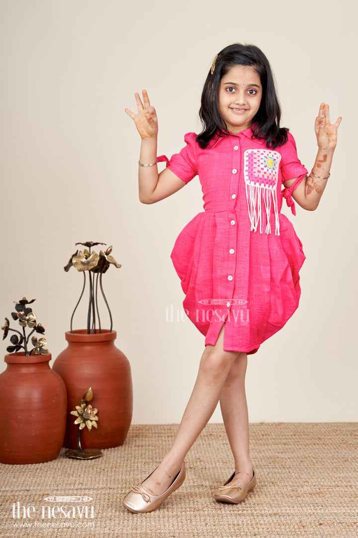 Girls cotton frock with collar and crochet patch for casual outings