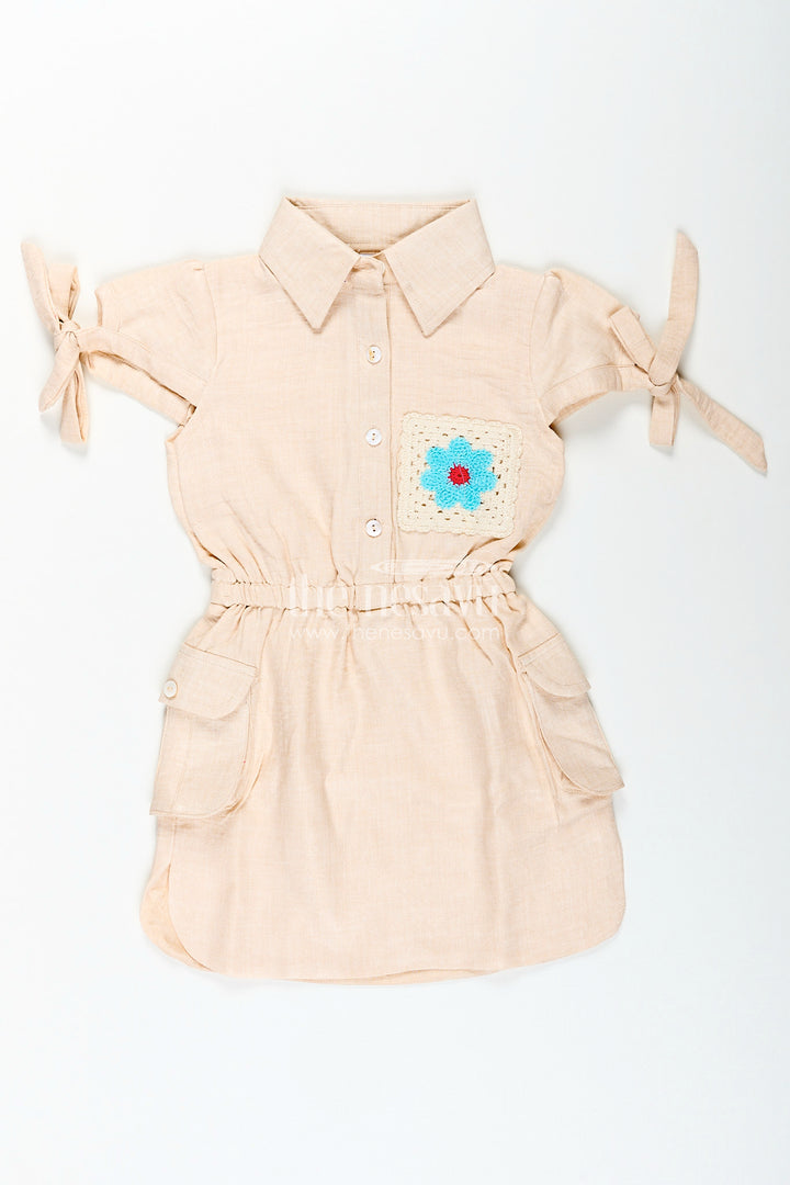 Beige girls cotton frock with collar and crochet flower patch