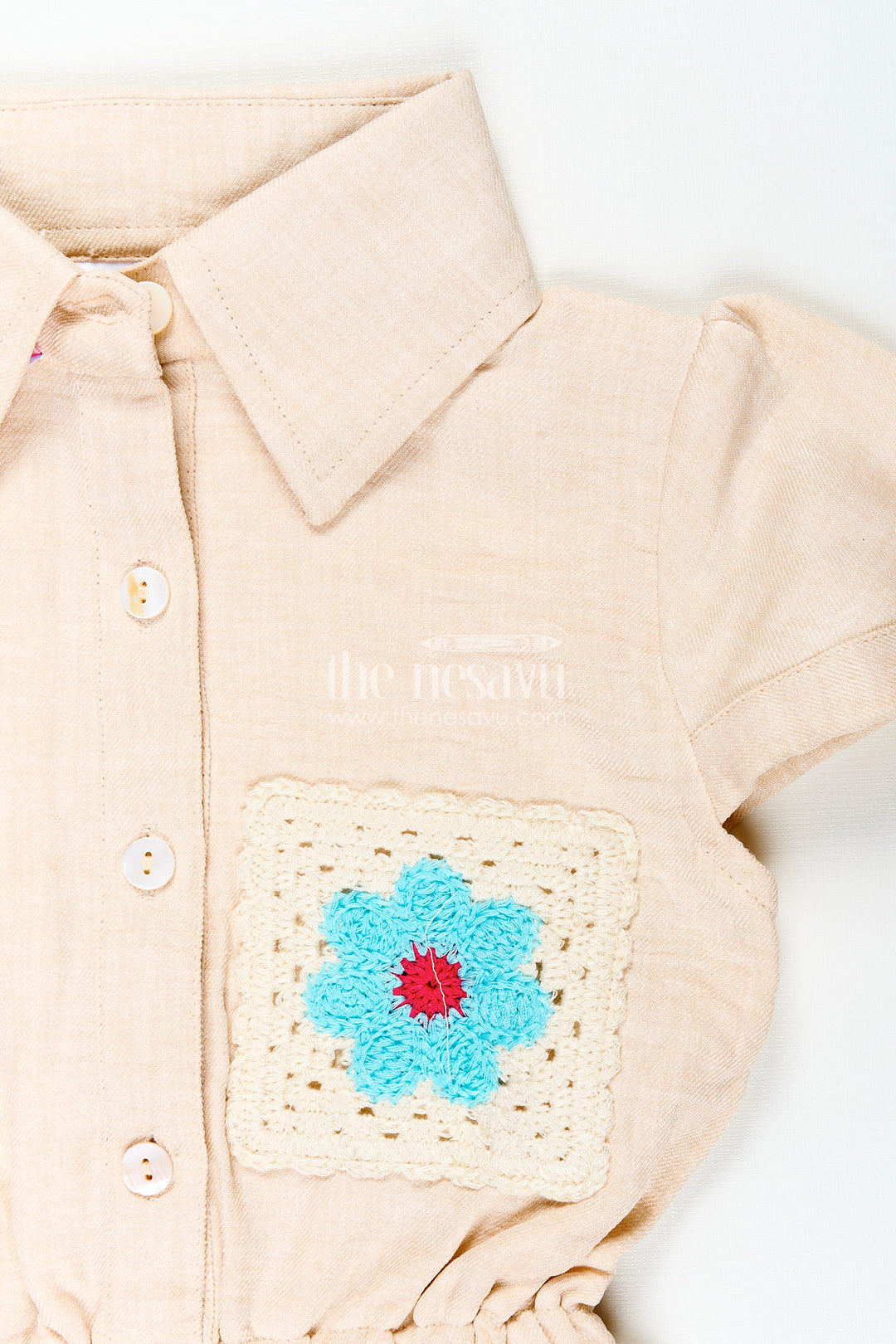 Beige girls cotton frock with collar and crochet flower patch