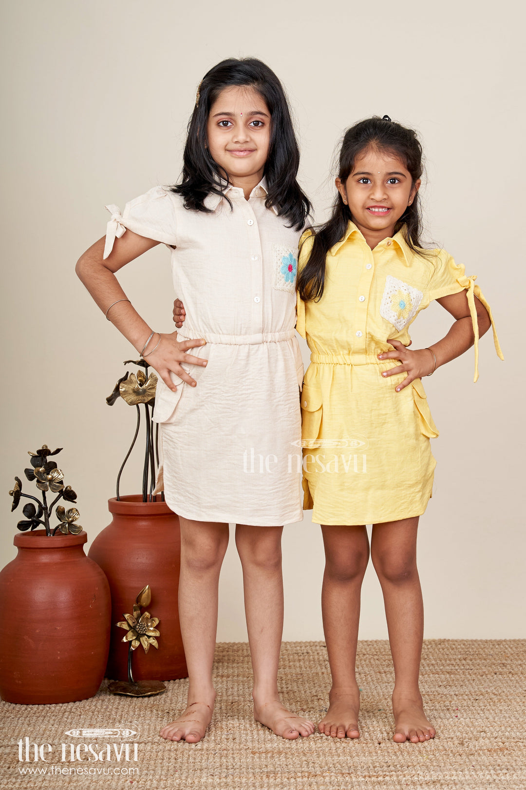 Beige girls cotton frock with collar and crochet flower patch