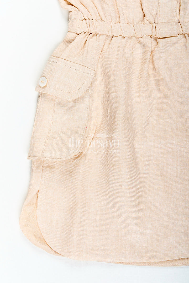 Beige girls cotton frock with collar and crochet flower patch
