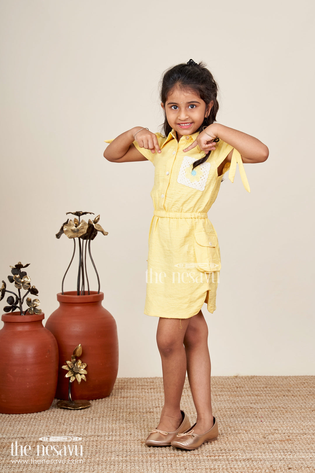 Yellow collared cotton frock with crochet detail for girls