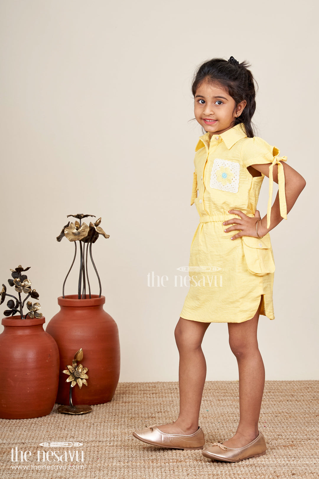 Yellow collared cotton frock with crochet detail for girls