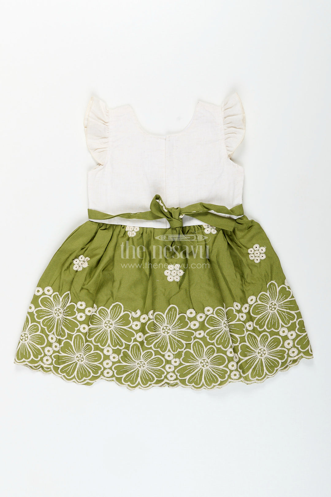 Green cotton frock for girls with white floral embroidery