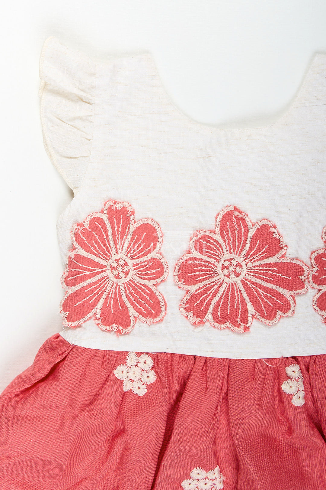Red cotton frock for girls with floral hem embroidery