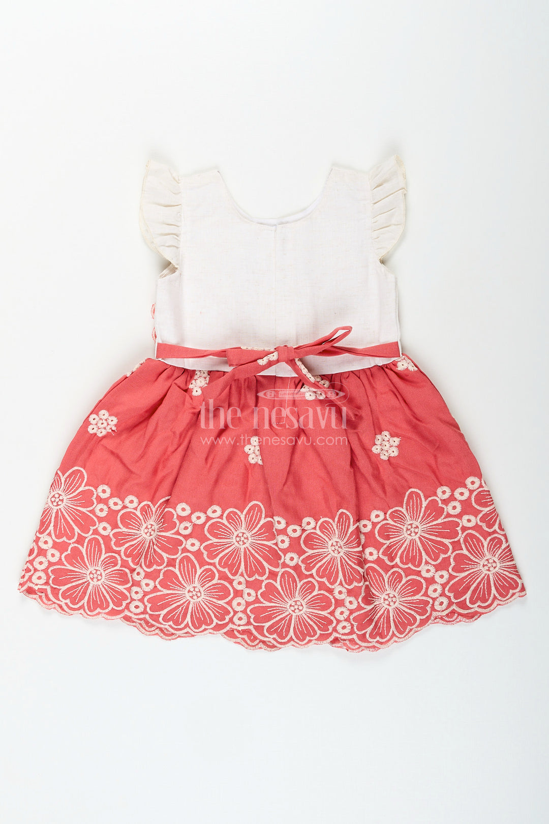 Red cotton frock for girls with floral hem embroidery