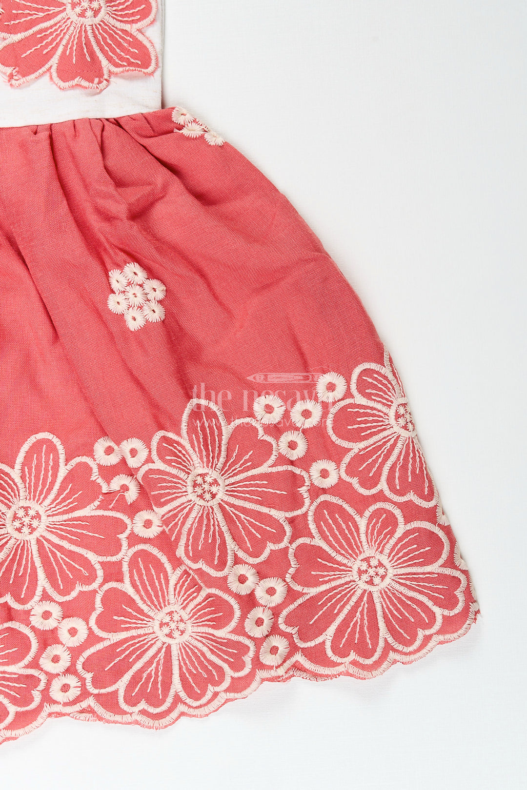 Red cotton frock for girls with floral hem embroidery