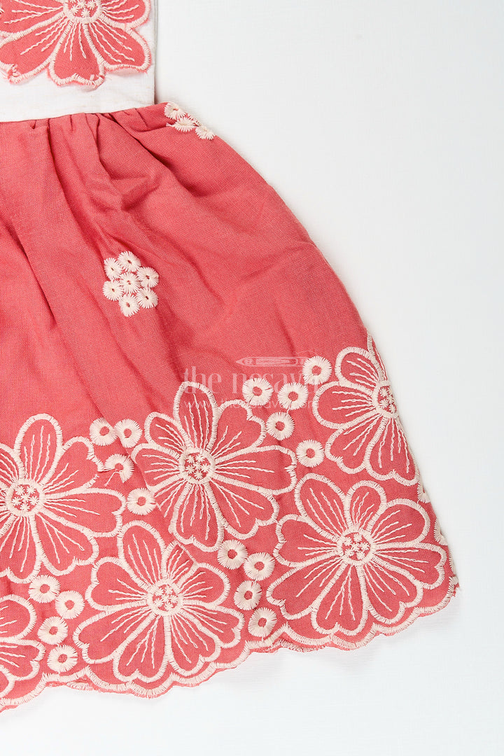 Red cotton frock for girls with floral hem embroidery