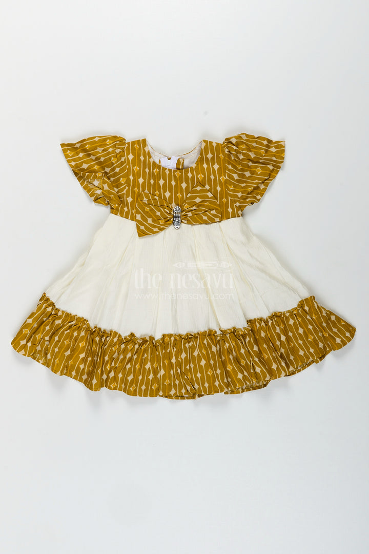 Cotton frock for toddler girls with printed yoke and ruffle hem