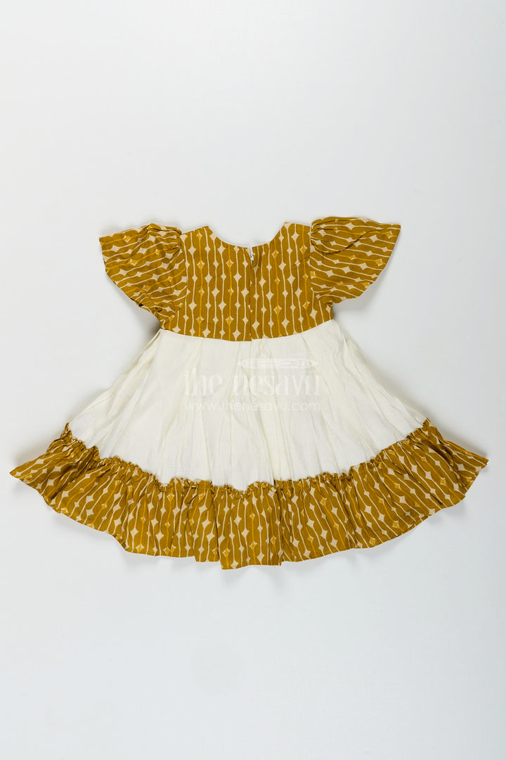 Cotton frock for toddler girls with printed yoke and ruffle hem