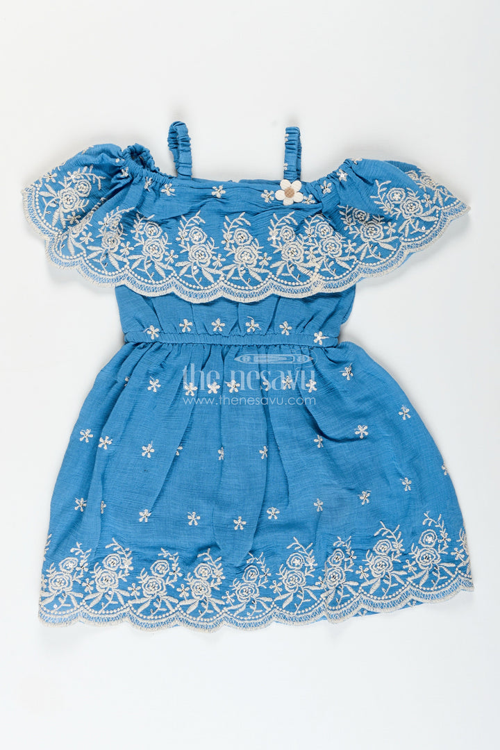 Girls blue cotton frock with embroidery for birthday and festive wear
