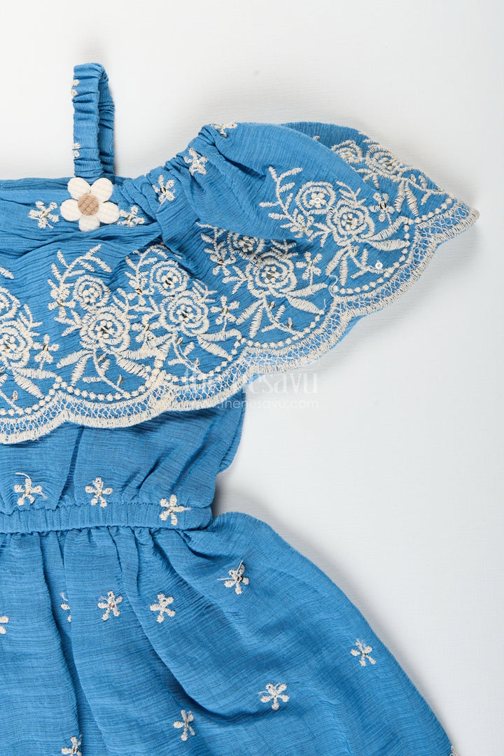 Girls blue cotton frock with embroidery for birthday and festive wear