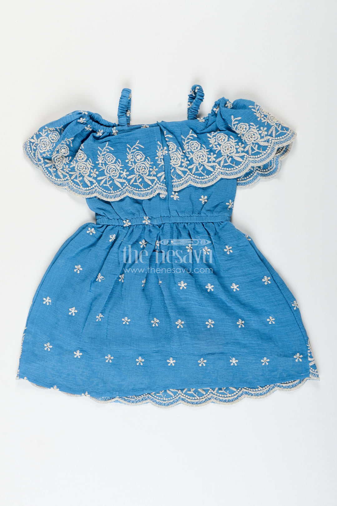 Girls blue cotton frock with embroidery for birthday and festive wear